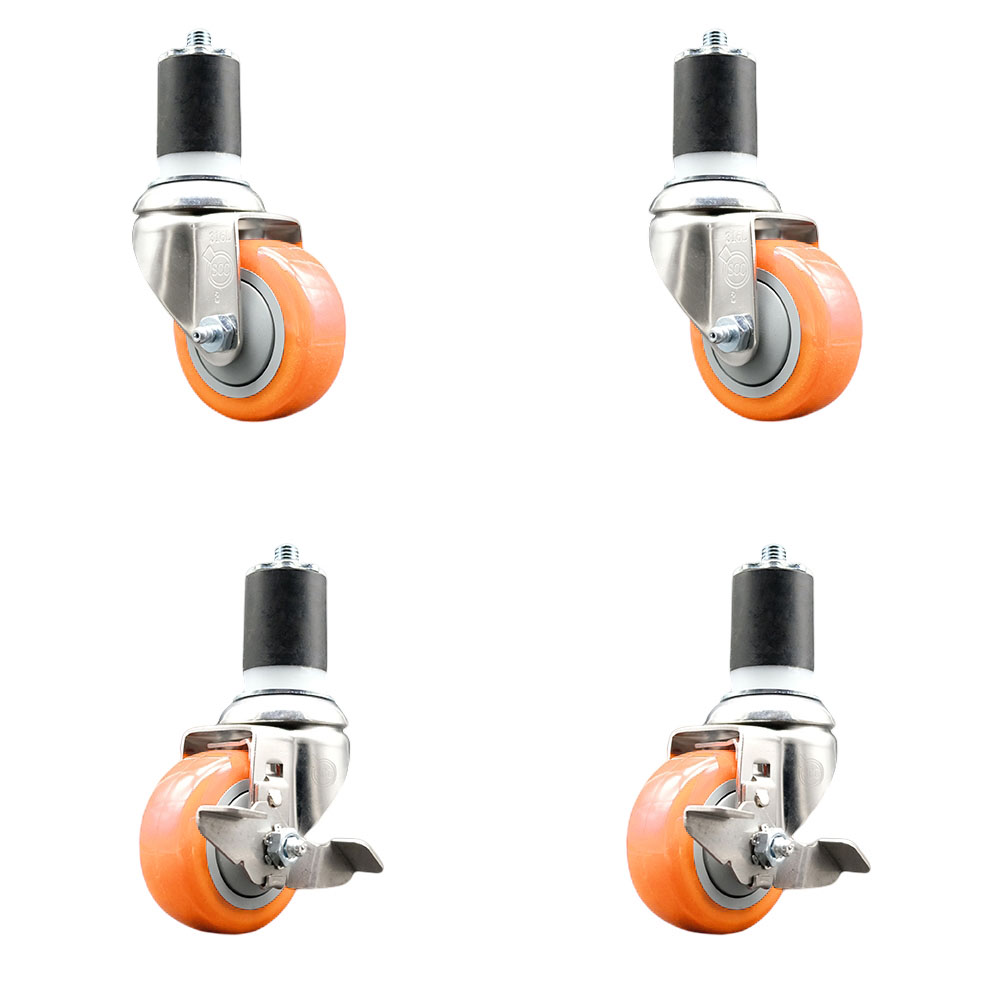 Polyurethane Swivel Stem Caster Set of 4 with 3 Inch Orange Caster Wheels - 1-3/4" Expanding Stems -316 Stainless Steel Casters-Includes 2 Swivel with Top Lock Brakes and 2 Swivel-Service Caster Brand — photo 1