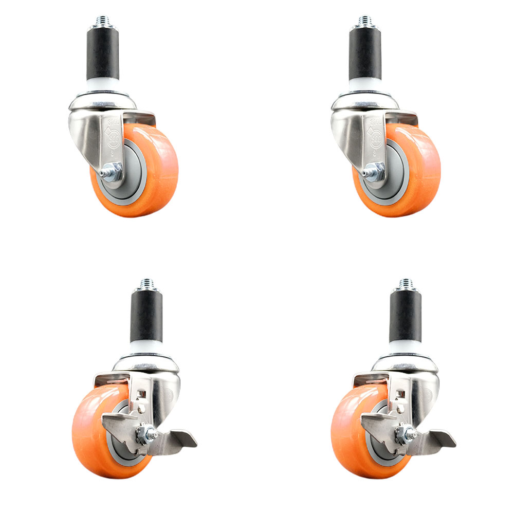 Polyurethane Swivel Stem Caster Set of 4 with 3 Inch Orange Caster Wheels - 1-3/8" Expanding Stems -316 Stainless Steel Casters-Includes 2 Swivel with Top Lock Brakes and 2 Swivel-Service Caster Brand — photo 1