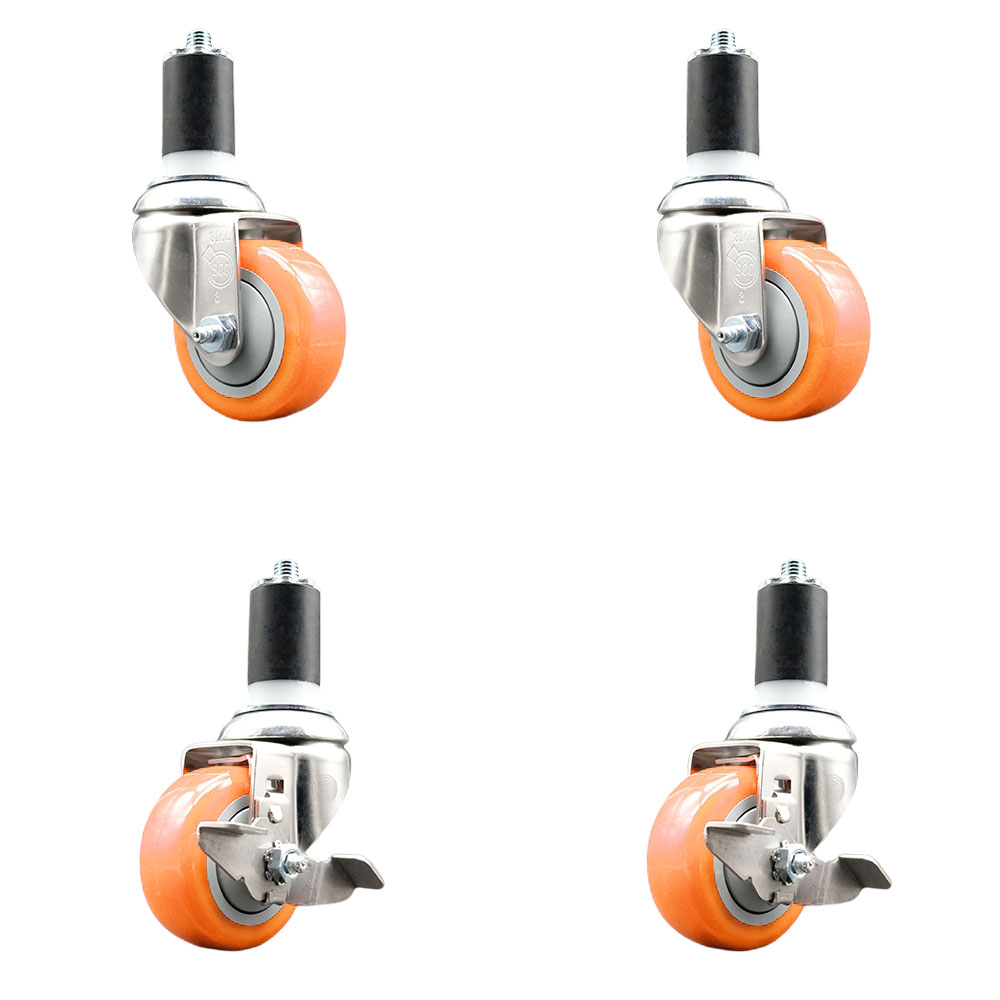 Polyurethane Swivel Stem Caster Set of 4 with 3 Inch Orange Caster Wheels - 1-5/8" Expanding Stems -316 Stainless Steel Casters-Includes 2 Swivel with Top Lock Brakes and 2 Swivel-Service Caster Brand — photo 1