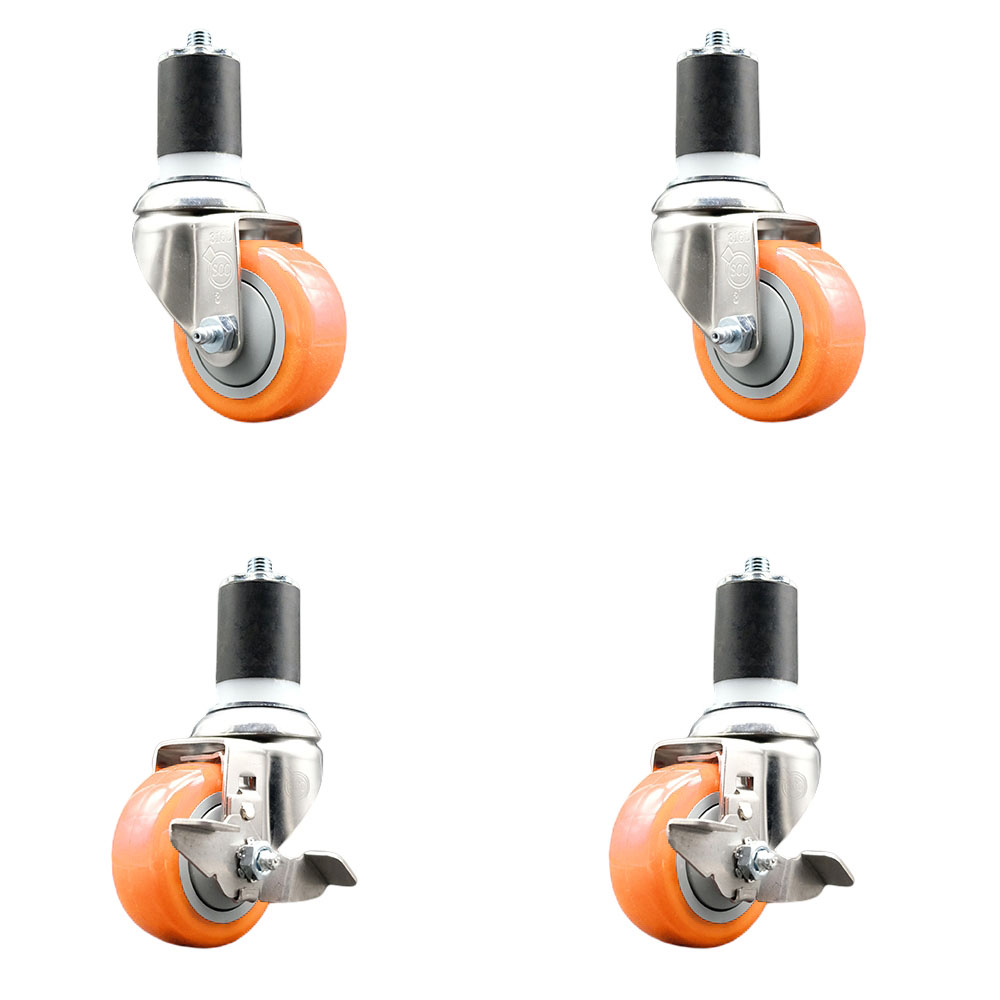 Polyurethane Swivel Stem Caster Set of 4 with 3 Inch Orange Caster Wheels - 1-7/8" Expanding Stems -316 Stainless Steel Casters-Includes 2 Swivel with Top Lock Brakes and 2 Swivel-Service Caster Brand — photo 1
