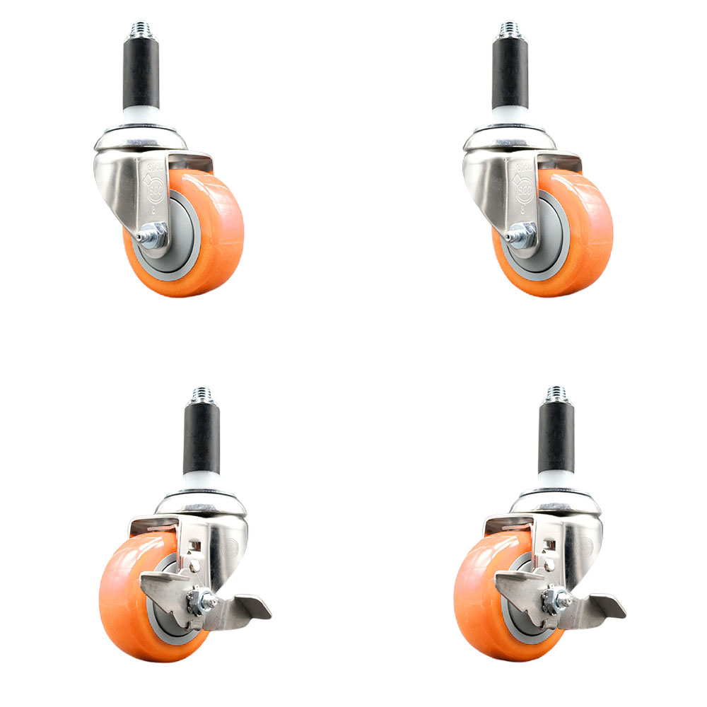 Polyurethane Swivel Stem Caster Set of 4 with 3 Inch Orange Caster Wheels - 1" Expanding Stems -316 Stainless Steel Casters - Includes 2 Swivel with Top Lock Brakes and 2 Swivel - Service Caster Brand — photo 1