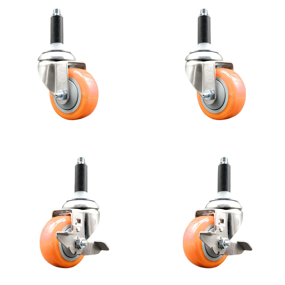 Polyurethane Swivel Stem Caster Set of 4 with 3 Inch Orange Caster Wheels - 3/4" Expanding Stems -316 Stainless Steel Casters - Includes 2 Swivel with Top Lock Brakes and 2 Swivel-Service Caster Brand — photo 1