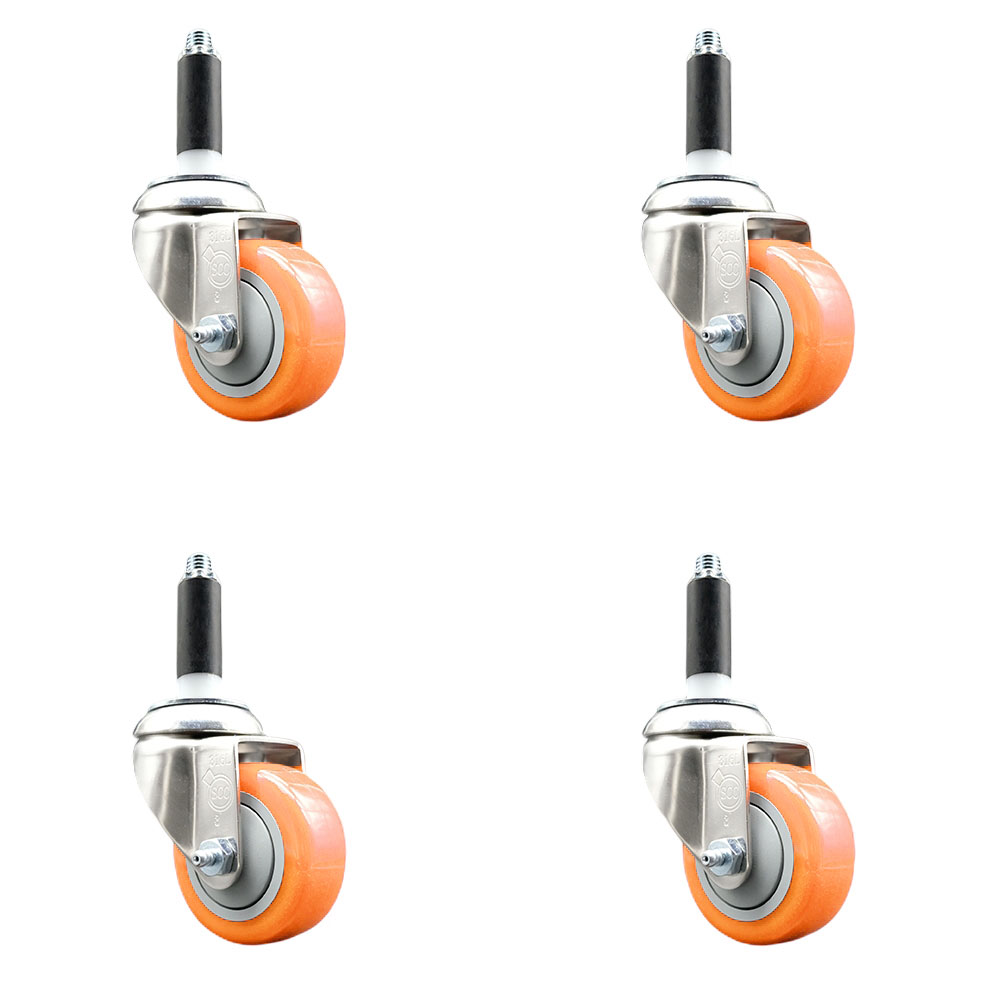 Polyurethane Swivel Stem Caster Set of 4 with 3 Inch Orange Caster Wheels - 7/8" Expanding Stems - 316 Stainless Steel Casters - Includes 4 Swivel Casters - Service Caster Brand — photo 1