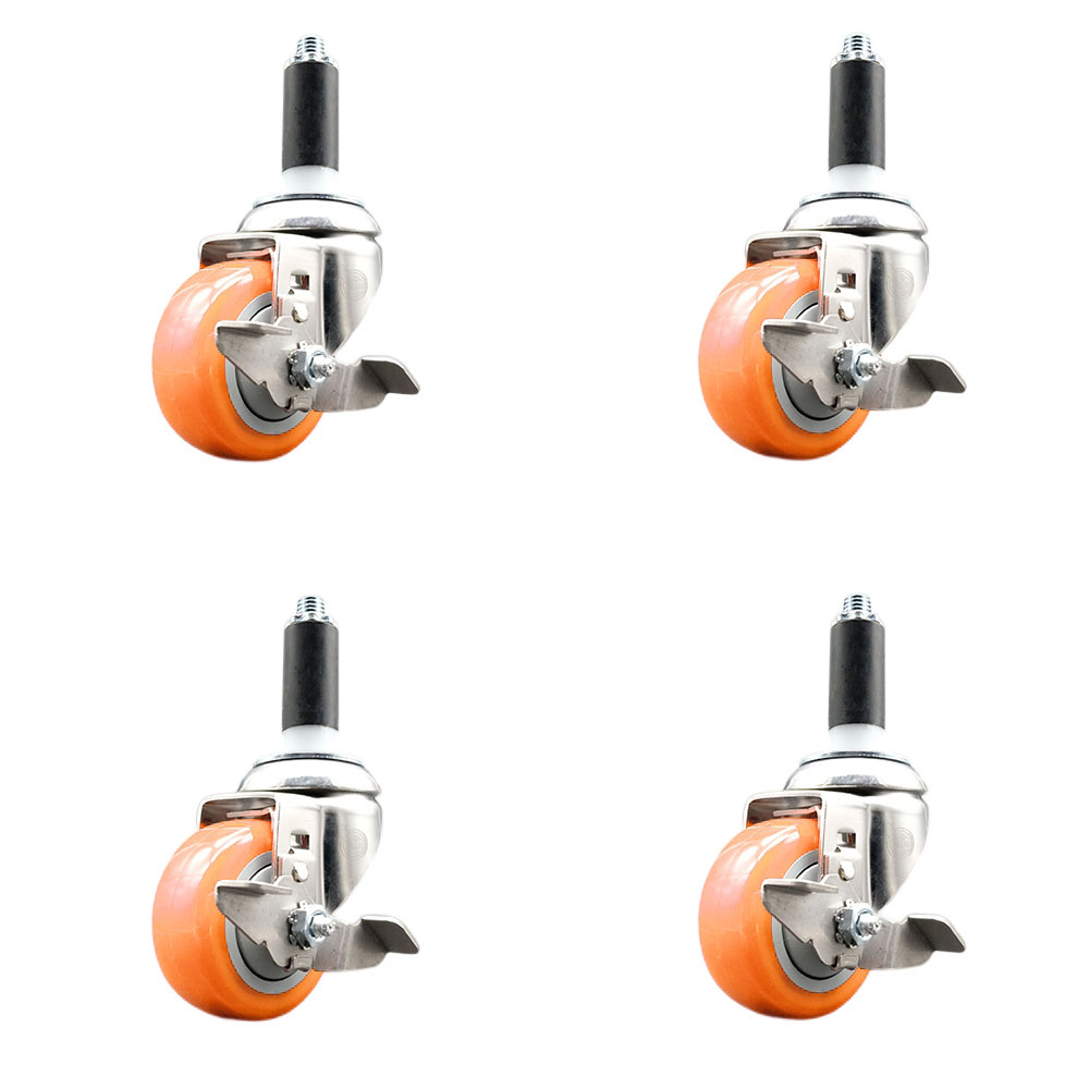 Polyurethane Swivel Stem Caster Set of 4 with 3 Inch Orange Caster Wheels - 1" Expanding Stems - 316 Stainless Steel Casters - Includes 4 Swivel Casters with Top Lock Brakes - Service Caster Brand — photo 1