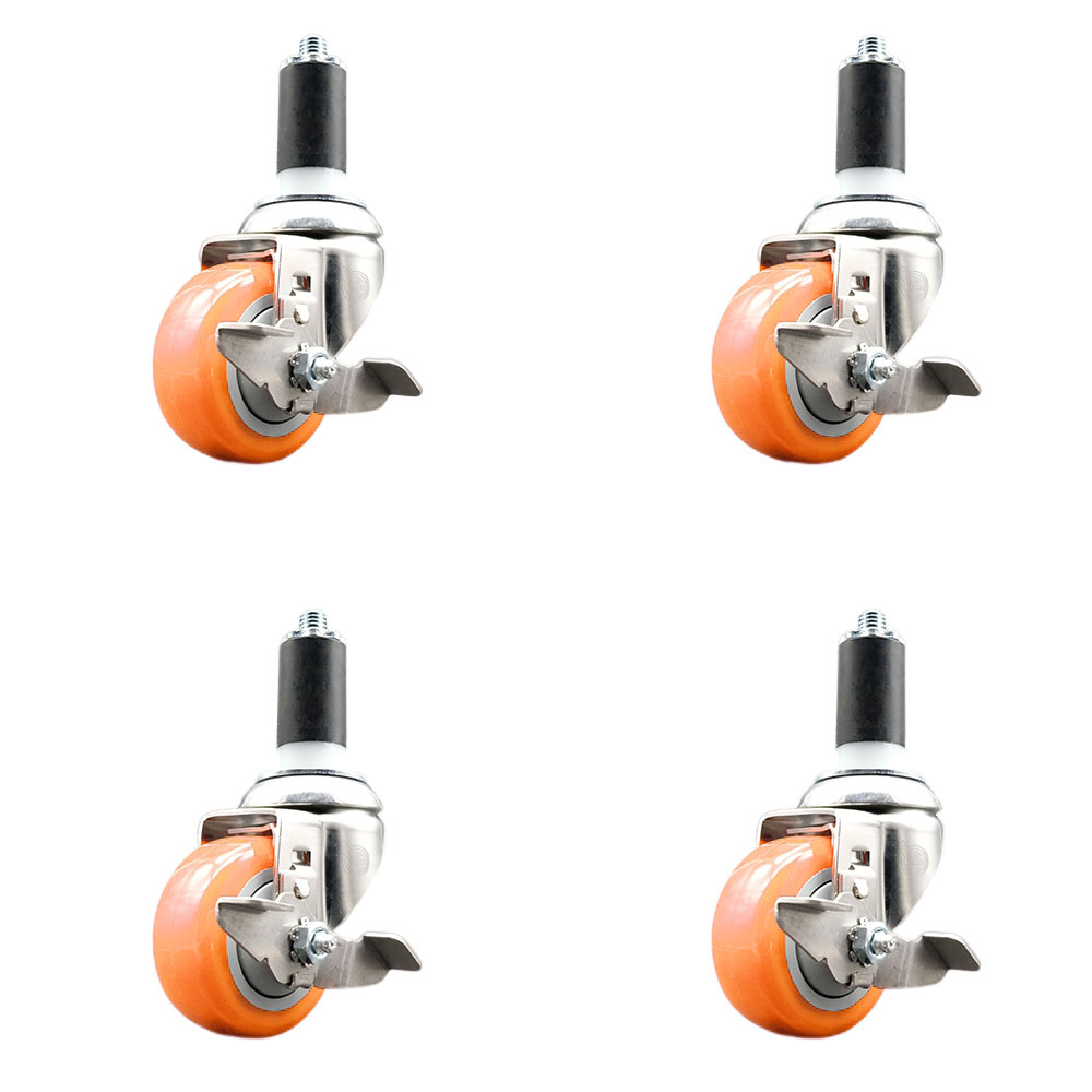 Polyurethane Swivel Stem Caster Set of 4 with 3 Inch Orange Caster Wheels - 1-1/4" Expanding Stems - 316 Stainless Steel Casters - Includes 4 Swivel Casters with Top Lock Brakes - Service Caster Brand — photo 1
