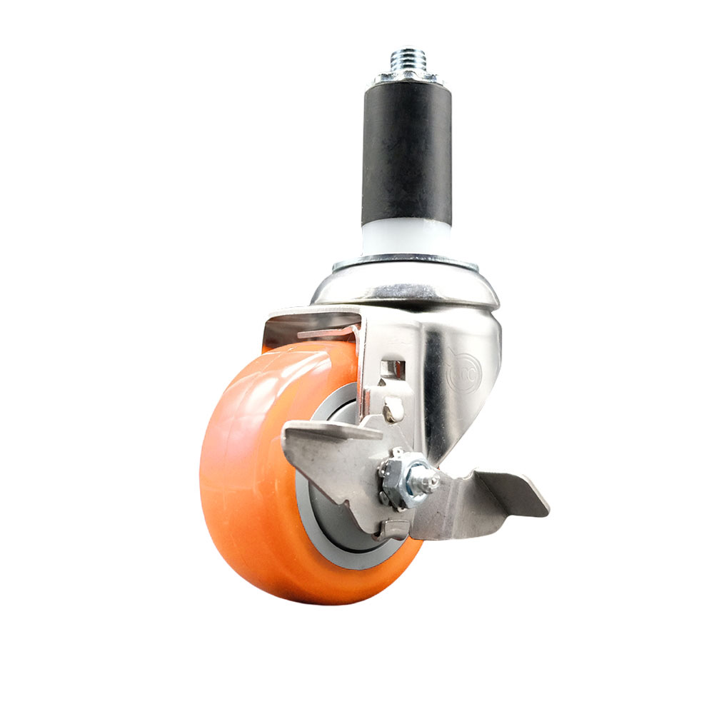 Polyurethane Swivel Stem Caster with 3 Inch Orange Caster Wheel and Top Lock Brake - 1-1/4" Expanding Stem - 316 Stainless Steel Caster - 300 lbs. Capacity Per Caster - Service Caster Brand — photo 1