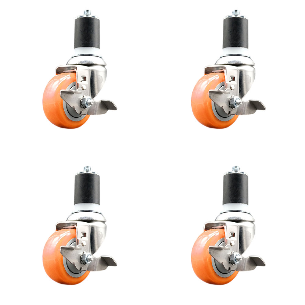 Polyurethane Swivel Stem Caster Set of 4 with 3 Inch Orange Caster Wheels - 1-3/4" Expanding Stems - 316 Stainless Steel Casters - Includes 4 Swivel Casters with Top Lock Brakes - Service Caster Brand — photo 1