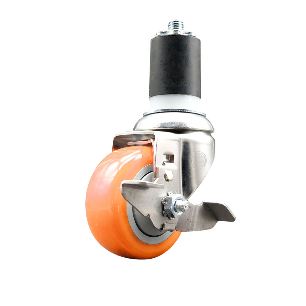 Polyurethane Swivel Stem Caster with 3 Inch Orange Caster Wheel and Top Lock Brake - 1-3/4" Expanding Stem - 316 Stainless Steel Caster - 300 lbs. Capacity Per Caster - Service Caster Brand — photo 1