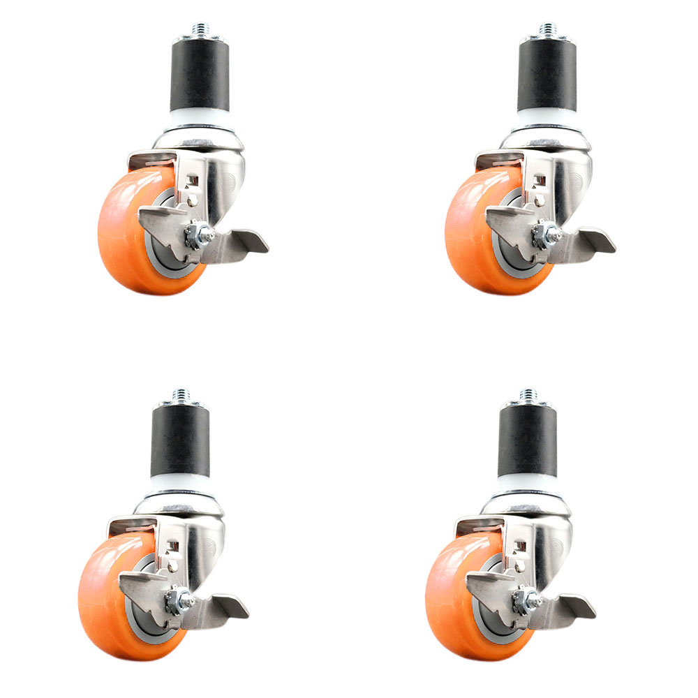 Polyurethane Swivel Stem Caster Set of 4 with 3 Inch Orange Caster Wheels - 1-7/8" Expanding Stems - 316 Stainless Steel Casters - Includes 4 Swivel Casters with Top Lock Brakes - Service Caster Brand — photo 1