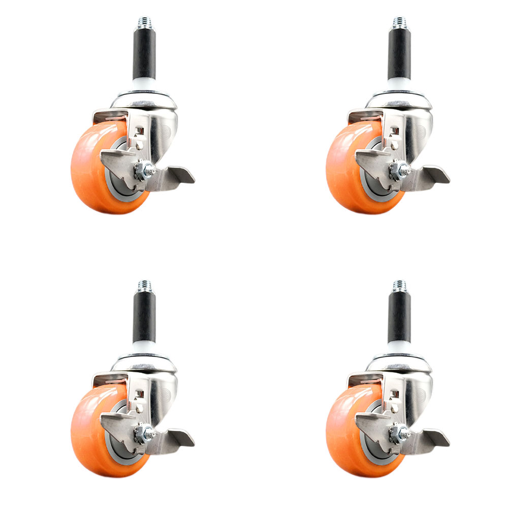 Polyurethane Swivel Stem Caster Set of 4 with 3 Inch Orange Caster Wheels - 3/4" Expanding Stems - 316 Stainless Steel Casters - Includes 4 Swivel Casters with Top Lock Brakes - Service Caster Brand — photo 1