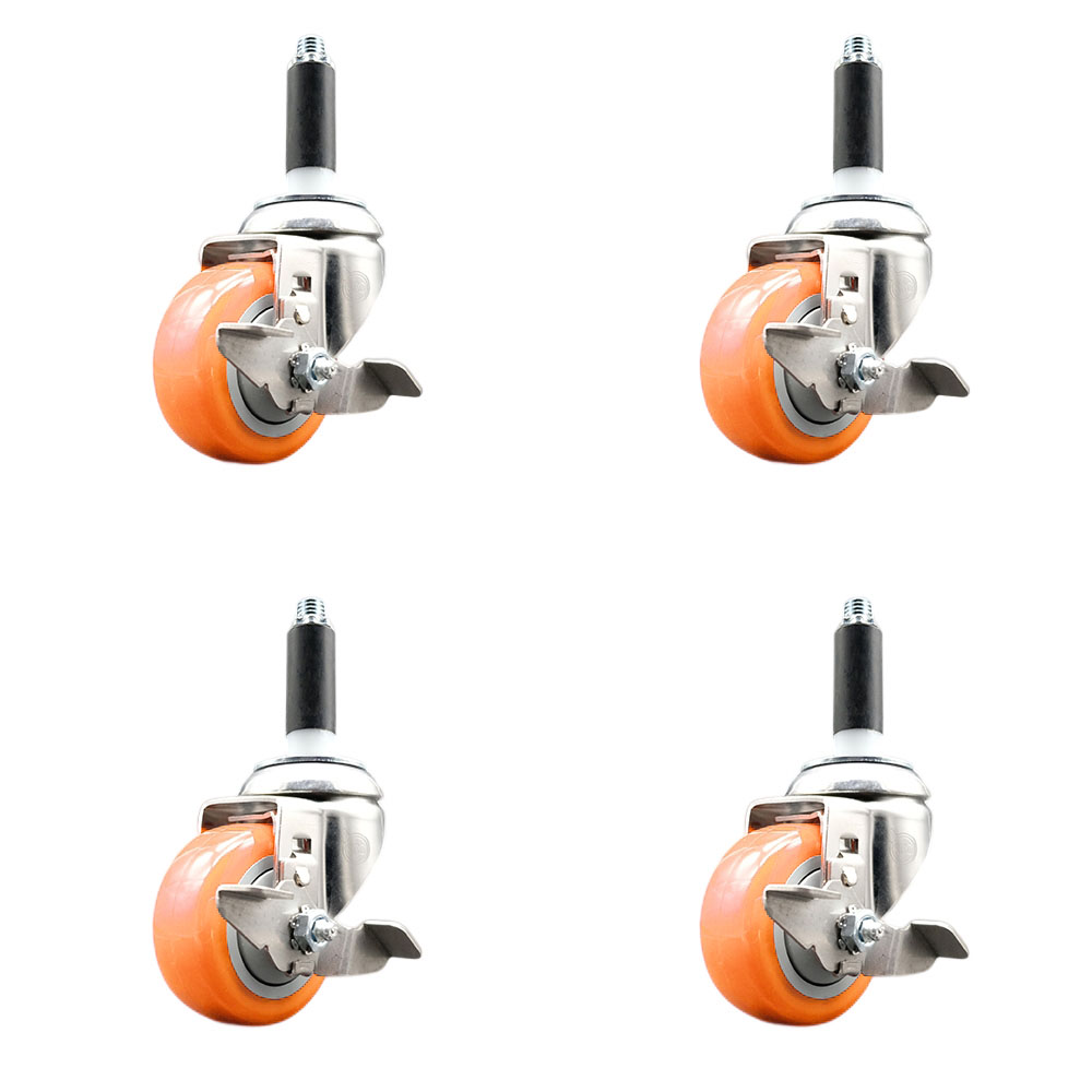Polyurethane Swivel Stem Caster Set of 4 with 3 Inch Orange Caster Wheels - 7/8" Expanding Stems - 316 Stainless Steel Casters - Includes 4 Swivel Casters with Top Lock Brakes - Service Caster Brand — photo 1