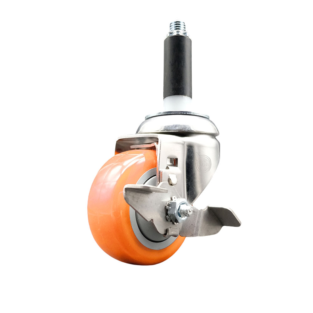 Polyurethane Swivel Stem Caster with 3 Inch Orange Caster Wheel and Top Lock Brake - 7/8" Expanding Stem - 316 Stainless Steel Caster - 300 lbs. Capacity Per Caster - Service Caster Brand — photo 1