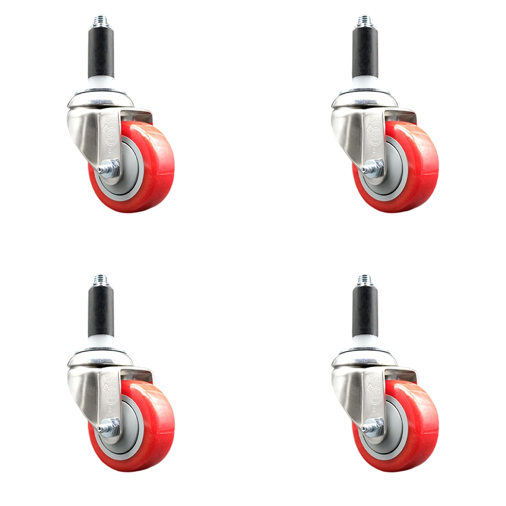 Polyurethane Swivel Stem Caster Set of 4 with 3 Inch Red Caster Wheels - 1" Expanding Stems - 316 Stainless Steel Casters - Includes 4 Swivel Casters - Service Caster Brand — photo 1