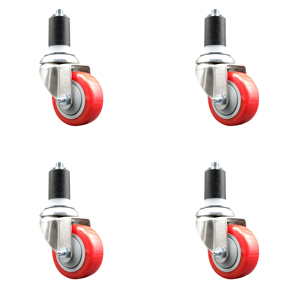Polyurethane Swivel Stem Caster Set of 4 with 3 Inch Red Caster Wheels - 1-1/2" Expanding Stems - 316 Stainless Steel Casters - Includes 4 Swivel Casters - Service Caster Brand — photo 1