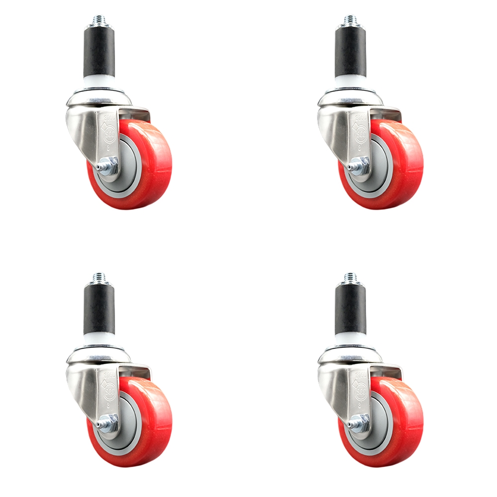Polyurethane Swivel Stem Caster Set of 4 with 3 Inch Red Caster Wheels - 1-1/4" Expanding Stems - 316 Stainless Steel Casters - Includes 4 Swivel Casters - Service Caster Brand — photo 1
