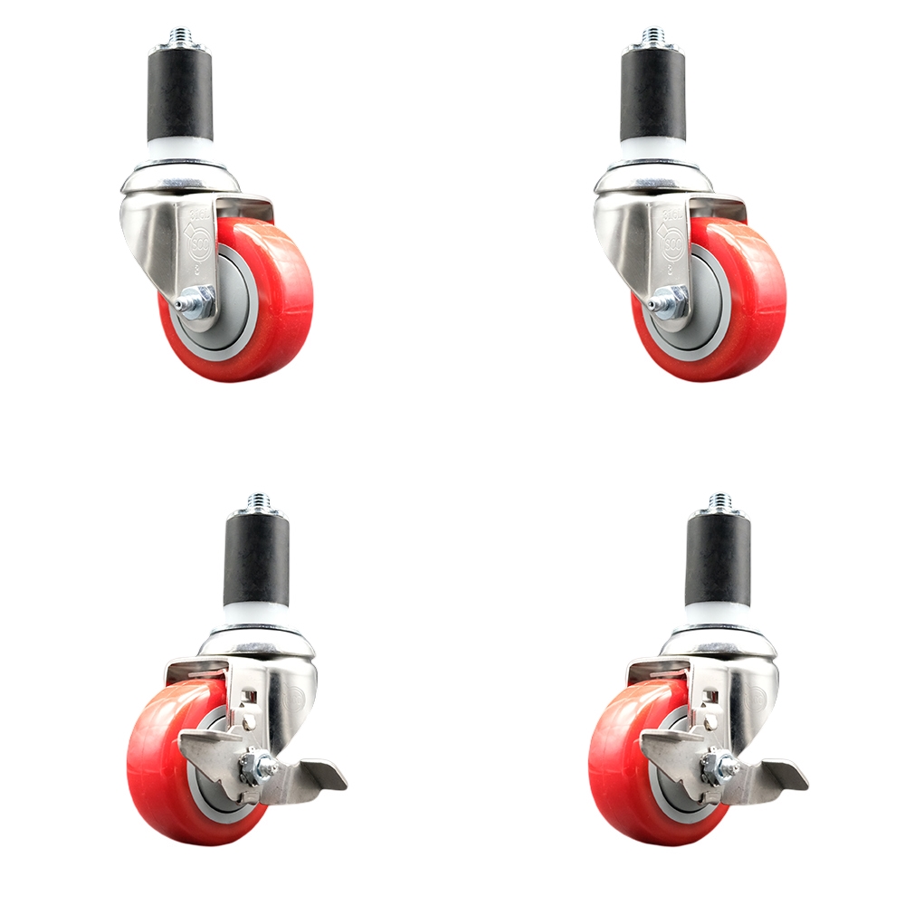 Polyurethane Swivel Stem Caster Set of 4 with 3 Inch Red Caster Wheels - 1-1/2" Expanding Stems - 316 Stainless Steel Casters-Includes 2 Swivel with Top Lock Brakes and 2 Swivel-Service Caster Brand — photo 1