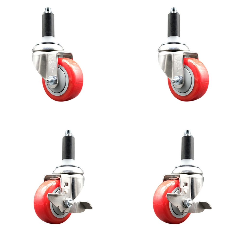 Polyurethane Swivel Stem Caster Set of 4 with 3.5 Inch Red Caster Wheels - 1-1/8" Expanding Stems-316 Stainless Steel Casters-Includes 2 Swivel with Top Lock Brakes and 2 Swivel-Service Caster Brand — photo 1