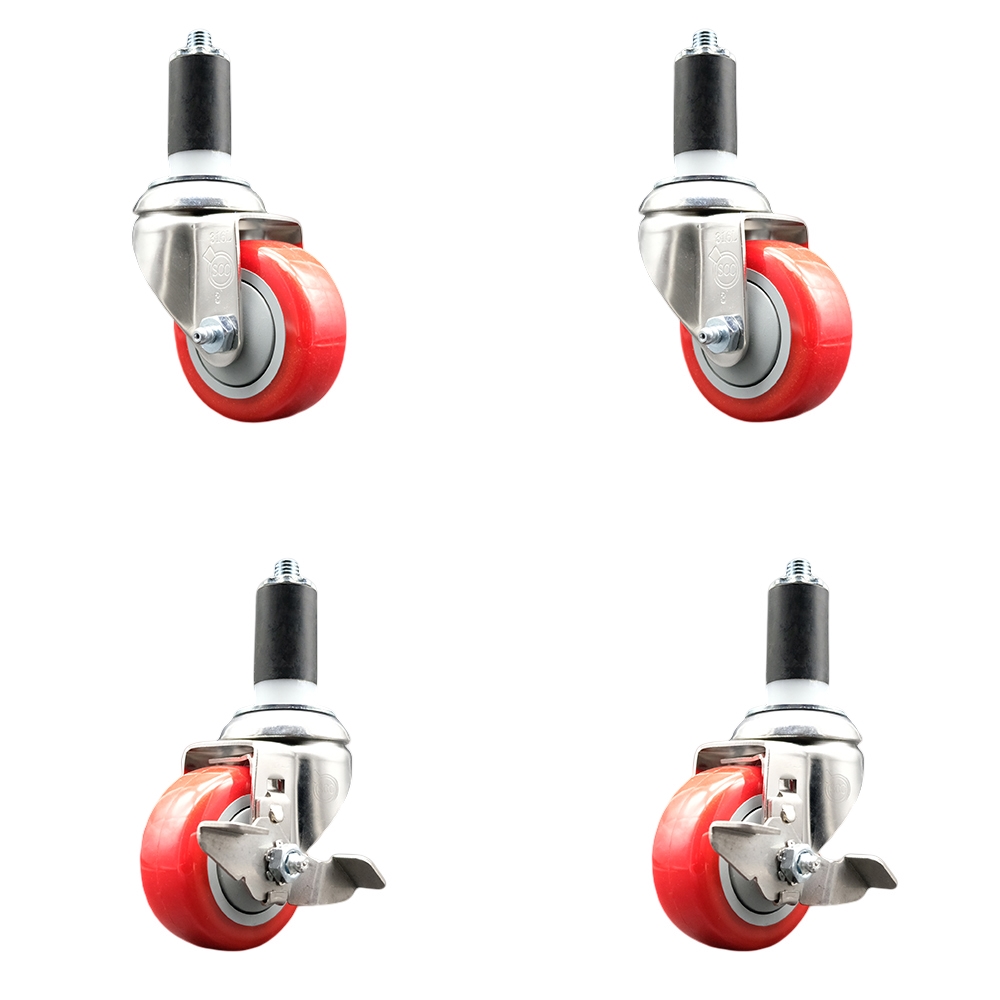 Polyurethane Swivel Stem Caster Set of 4 with 3.5 Inch Red Caster Wheels - 1-1/4" Expanding Stems-316 Stainless Steel Casters-Includes 2 Swivel with Top Lock Brakes and 2 Swivel-Service Caster Brand — photo 1