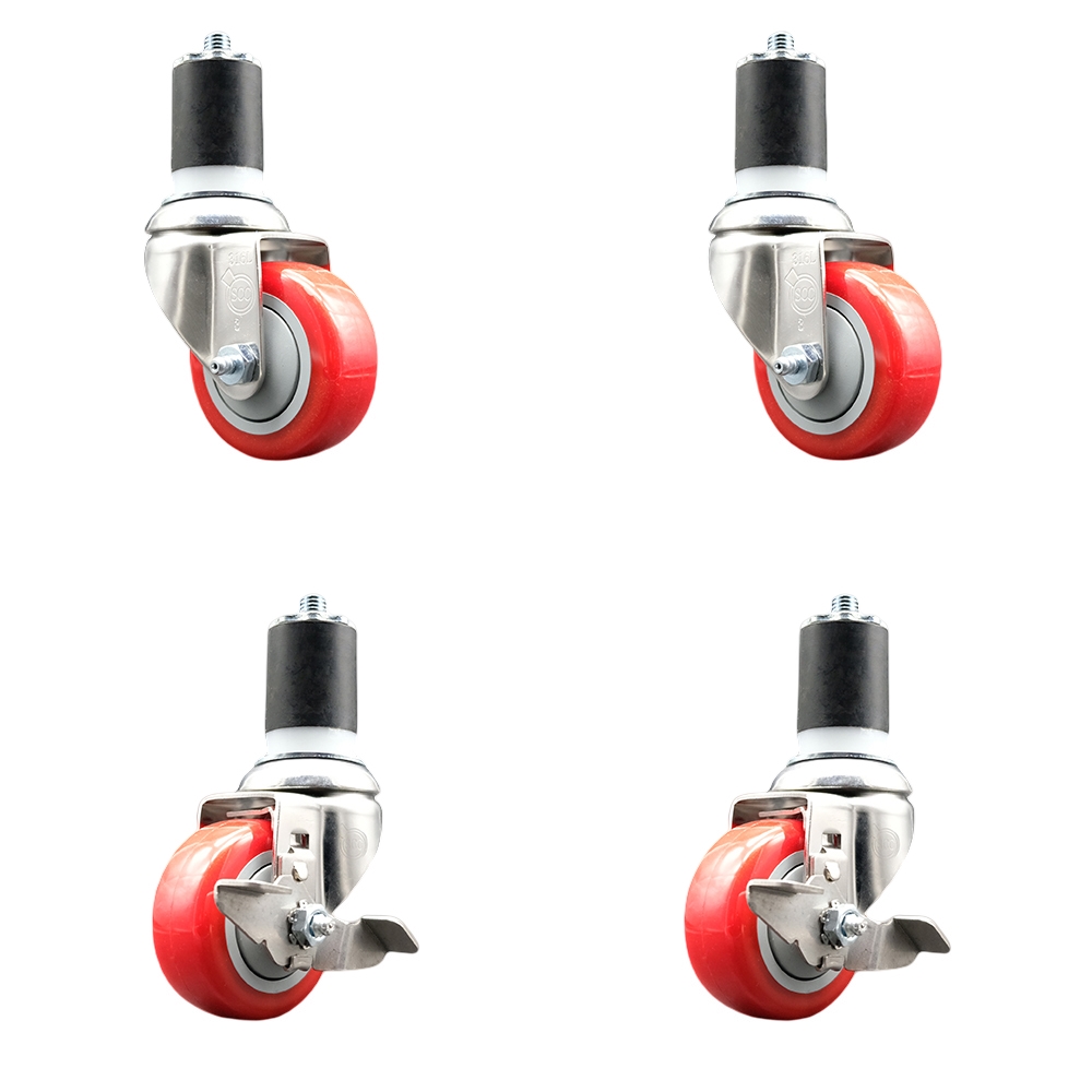 Polyurethane Swivel Stem Caster Set of 4 with 3.5 Inch Red Caster Wheels - 1-3/4" Expanding Stems-316 Stainless Steel Casters-Includes 2 Swivel with Top Lock Brakes and 2 Swivel-Service Caster Brand — photo 1