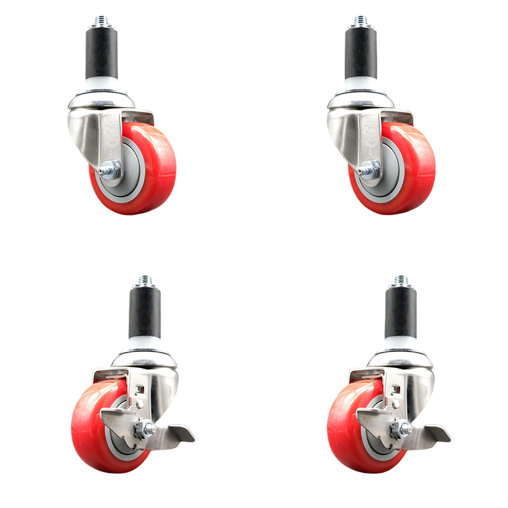 Polyurethane Swivel Stem Caster Set of 4 with 3.5 Inch Red Caster Wheels - 1-3/8" Expanding Stems-316 Stainless Steel Casters-Includes 2 Swivel with Top Lock Brakes and 2 Swivel-Service Caster Brand — photo 1