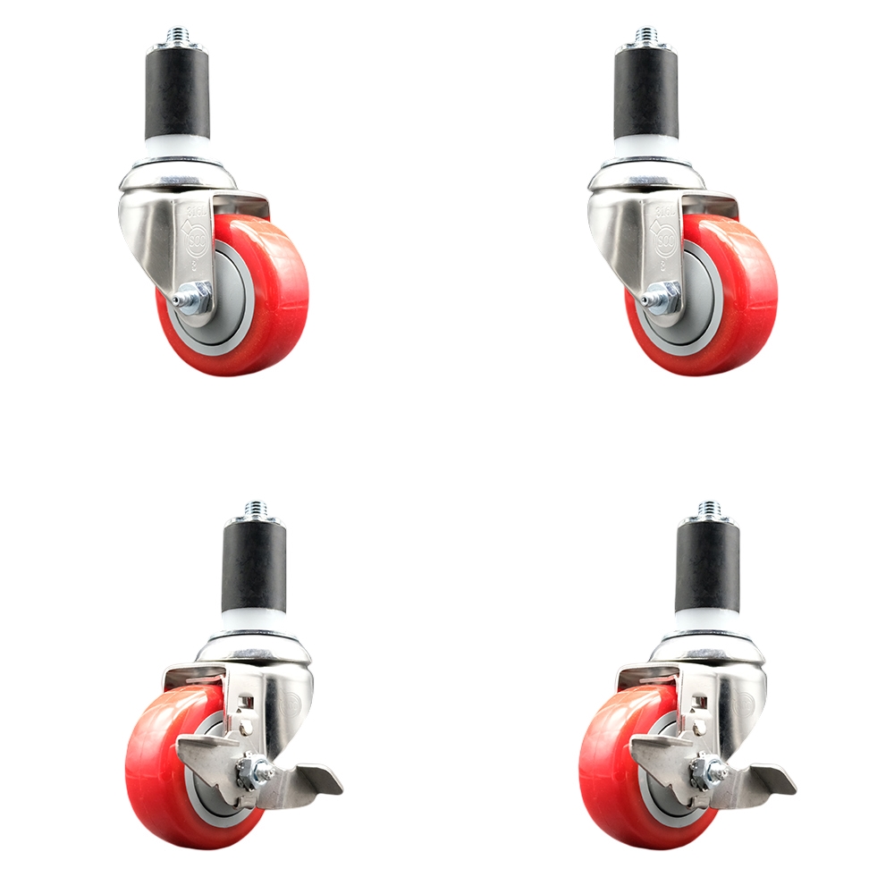 Polyurethane Swivel Stem Caster Set of 4 with 3 Inch Red Caster Wheels - 1-5/8" Expanding Stems - 316 Stainless Steel Casters-Includes 2 Swivel with Top Lock Brakes and 2 Swivel-Service Caster Brand — photo 1