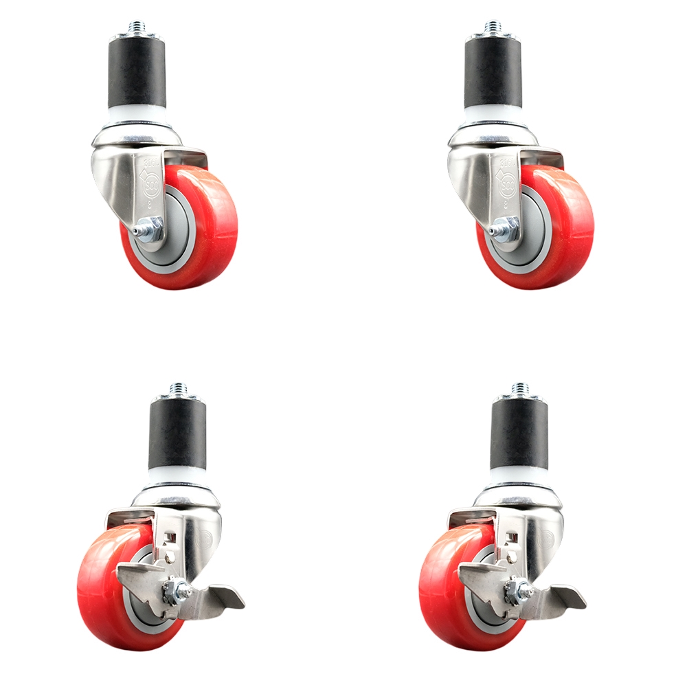 Polyurethane Swivel Stem Caster Set of 4 with 3.5 Inch Red Caster Wheels - 1-7/8" Expanding Stems-316 Stainless Steel Casters-Includes 2 Swivel with Top Lock Brakes and 2 Swivel-Service Caster Brand — photo 1