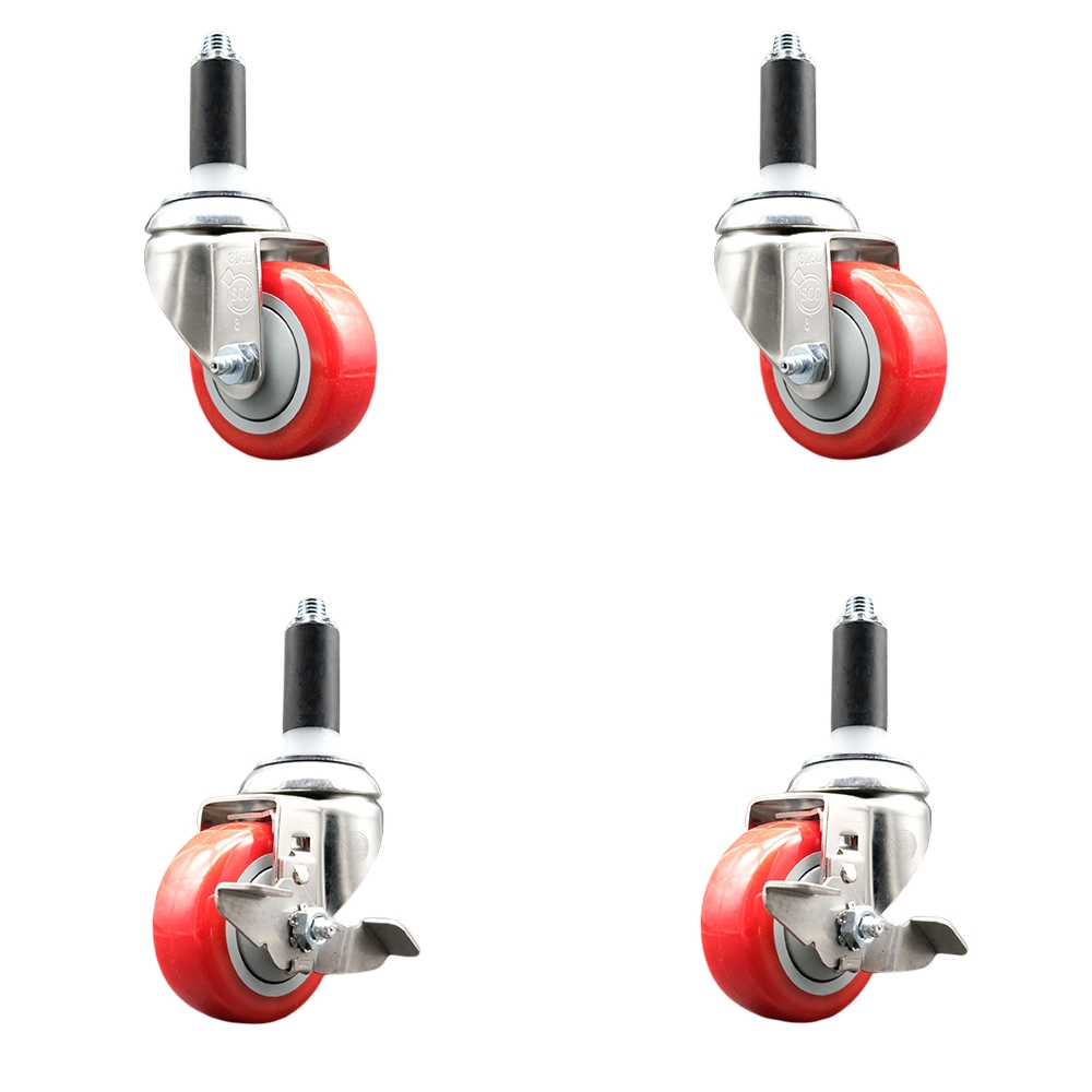 Polyurethane Swivel Stem Caster Set of 4 with 3.5 Inch Red Caster Wheels - 1" Expanding Stems - 316 Stainless Steel Casters - Includes 2 Swivel with Top Lock Brakes and 2 Swivel-Service Caster Brand — photo 1