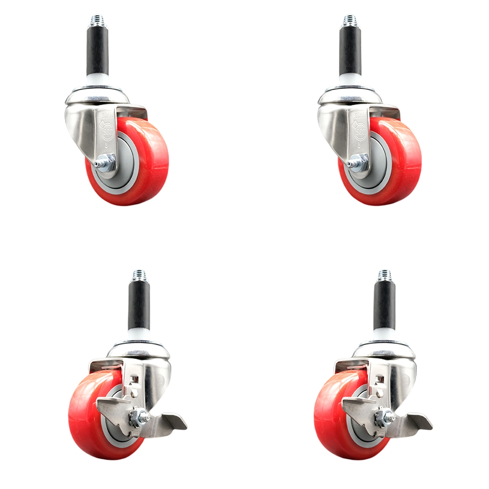 Polyurethane Swivel Stem Caster Set of 4 with 3.5 Inch Red Caster Wheels - 3/4" Expanding Stems - 316 Stainless Steel Casters-Includes 2 Swivel with Top Lock Brakes and 2 Swivel-Service Caster Brand — photo 1