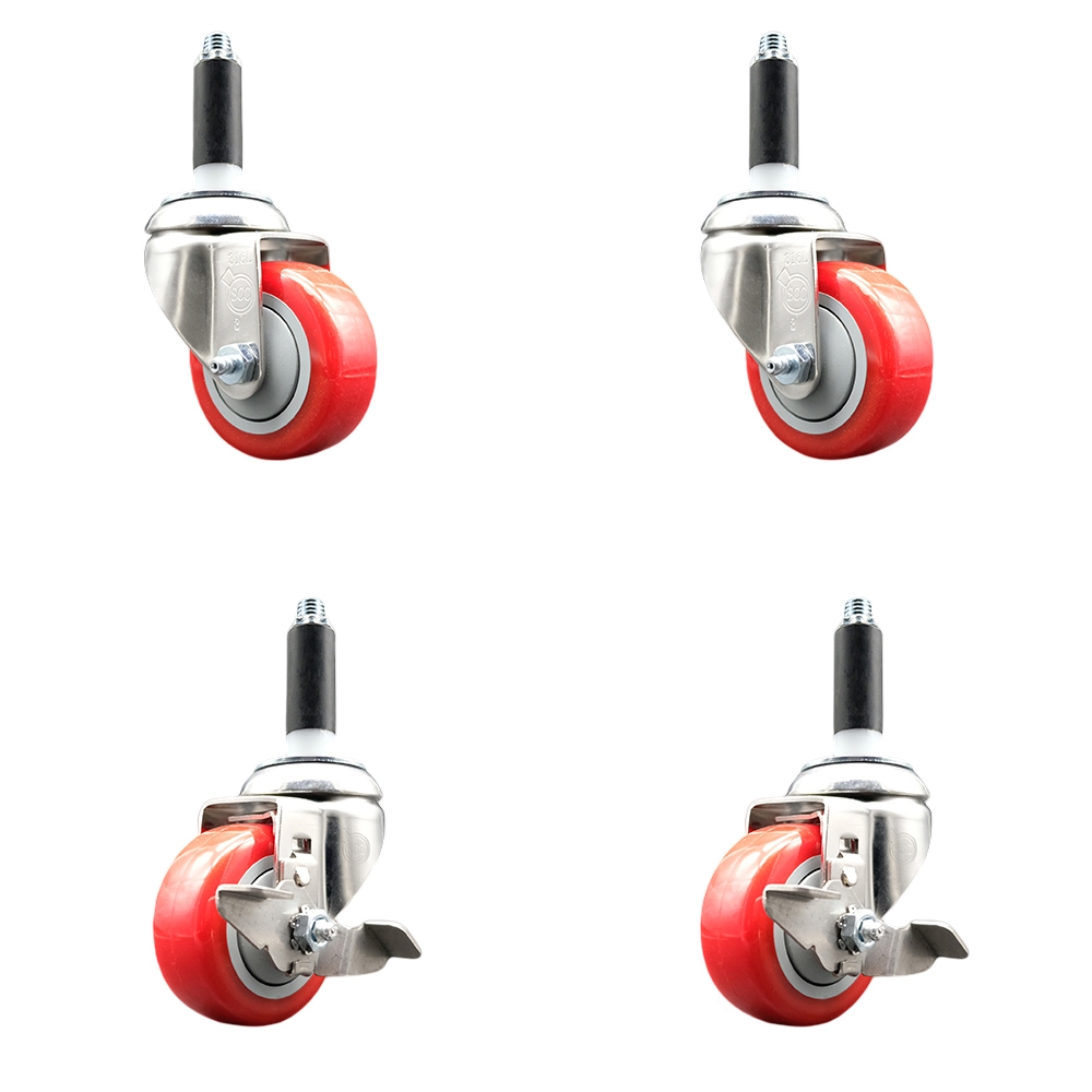 Polyurethane Swivel Stem Caster Set of 4 with 3 Inch Red Caster Wheels - 7/8" Expanding Stems - 316 Stainless Steel Casters - Includes 2 Swivel with Top Lock Brakes and 2 Swivel-Service Caster Brand — photo 1
