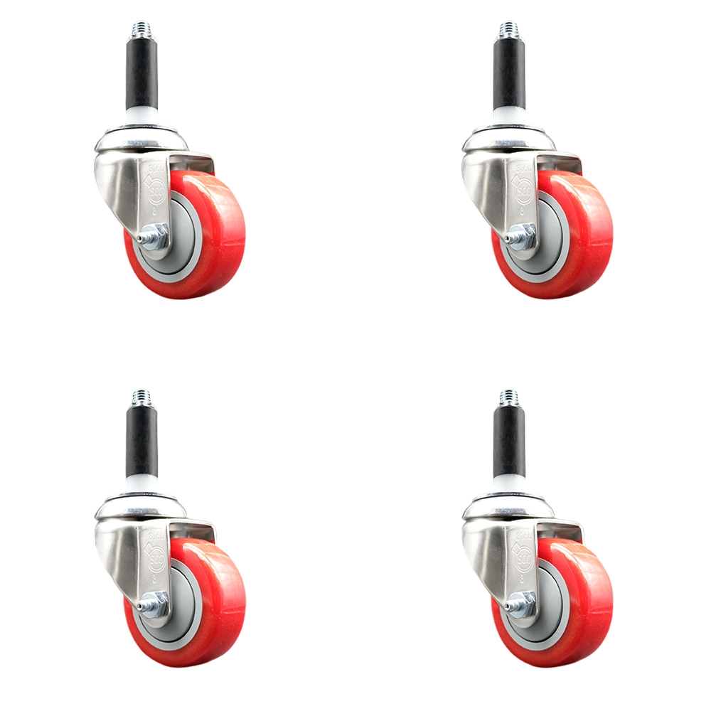 Polyurethane Swivel Stem Caster Set of 4 with 3 Inch Red Caster Wheels - 3/4" Expanding Stems - 316 Stainless Steel Casters - Includes 4 Swivel Casters - Service Caster Brand — photo 1