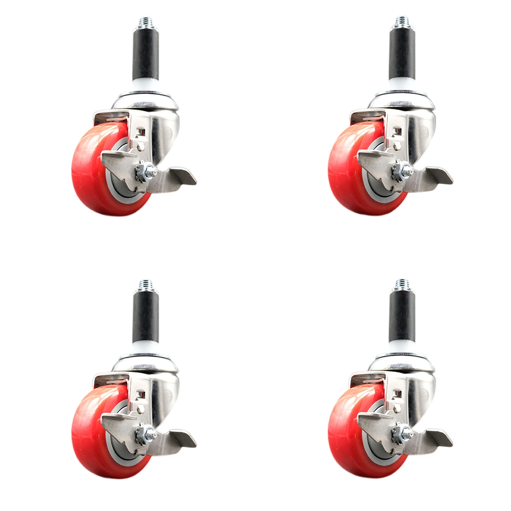 Polyurethane Swivel Stem Caster Set of 4 with 3 Inch Red Caster Wheels - 1" Expanding Stems - 316 Stainless Steel Casters - Includes 4 Swivel Casters with Top Lock Brakes - Service Caster Brand — photo 1