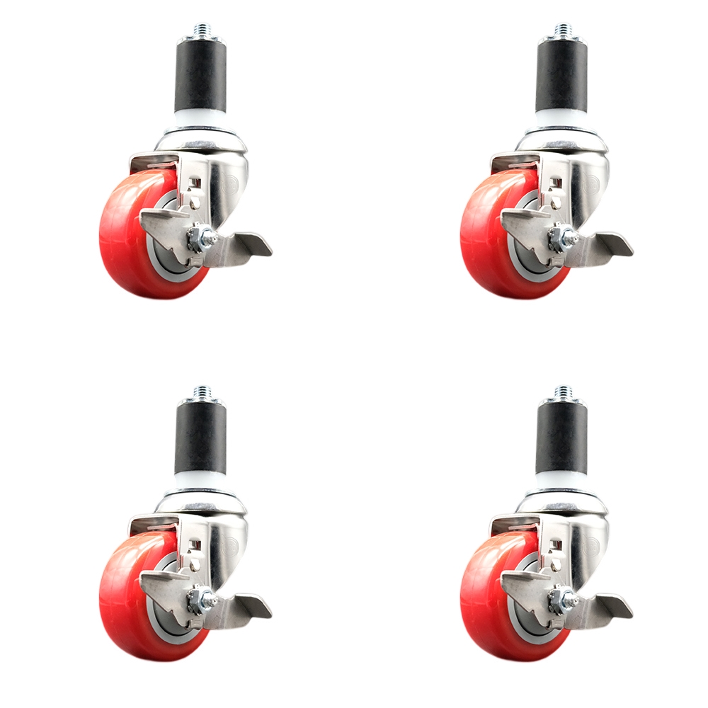 Polyurethane Swivel Stem Caster Set of 4 with 3 Inch Red Caster Wheels - 1-1/2" Expanding Stems - 316 Stainless Steel Casters - Includes 4 Swivel Casters with Top Lock Brakes - Service Caster Brand — photo 1