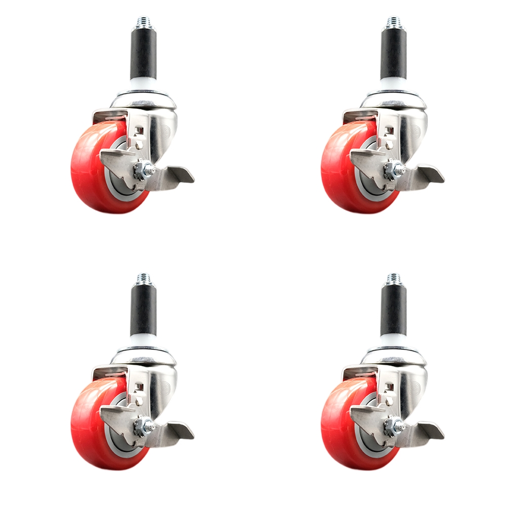 Polyurethane Swivel Stem Caster Set of 4 with 3.5 Inch Red Caster Wheels - 1-1/8" Expanding Stems - 316 Stainless Steel Casters - Includes 4 Swivel Casters with Top Lock Brakes- Service Caster Brand — photo 1