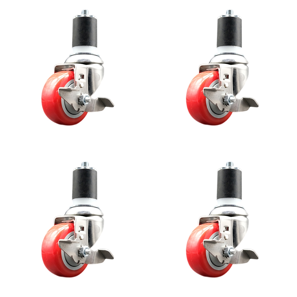 Polyurethane Swivel Stem Caster Set of 4 with 3.5 Inch Red Caster Wheels - 1-3/4" Expanding Stems - 316 Stainless Steel Casters - Includes 4 Swivel Casters with Top Lock Brakes- Service Caster Brand — photo 1