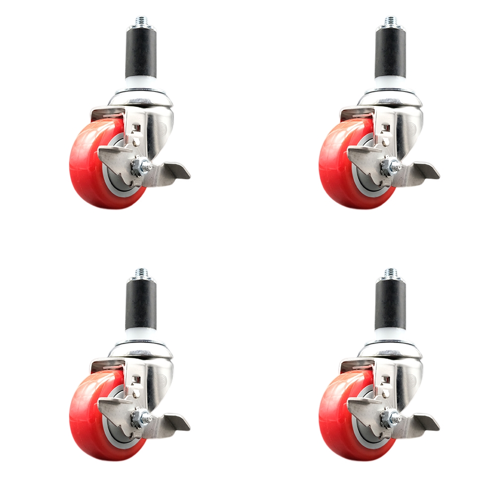 Polyurethane Swivel Stem Caster Set of 4 with 3.5 Inch Red Caster Wheels - 1-3/8" Expanding Stems - 316 Stainless Steel Casters - Includes 4 Swivel Casters with Top Lock Brakes- Service Caster Brand — photo 1