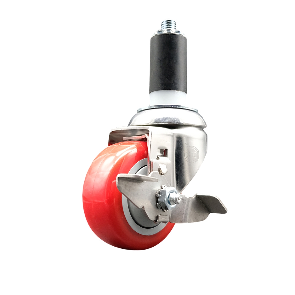 Polyurethane Swivel Stem Caster with 3.5 Inch Red Caster Wheel and Top Lock Brake - 1-3/8" Expanding Stem - 316 Stainless Steel Caster - 300 lbs. Capacity Per Caster - Service Caster Brand — photo 1