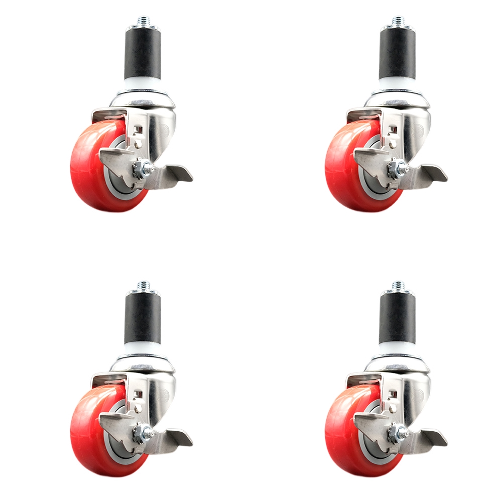 Polyurethane Swivel Stem Caster Set of 4 with 3 Inch Red Caster Wheels - 1-5/8" Expanding Stems - 316 Stainless Steel Casters - Includes 4 Swivel Casters with Top Lock Brakes - Service Caster Brand — photo 1