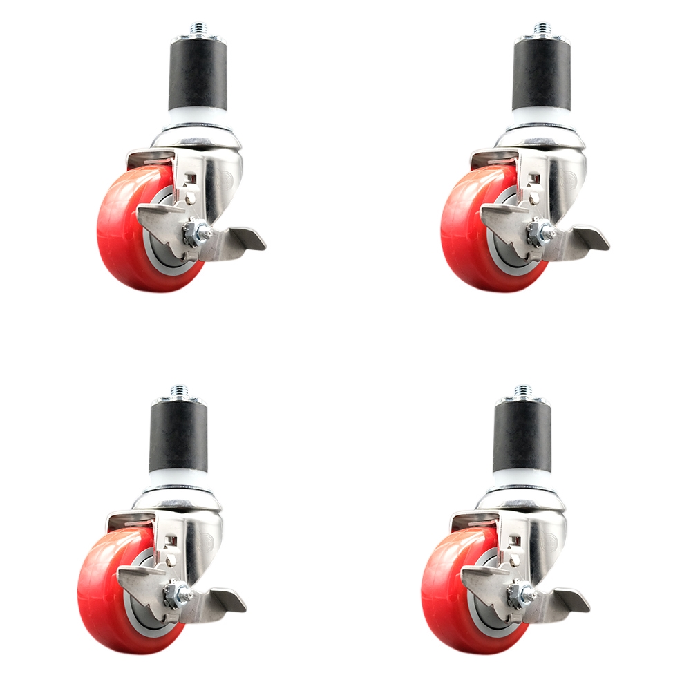 Polyurethane Swivel Stem Caster Set of 4 with 3.5 Inch Red Caster Wheels - 1-7/8" Expanding Stems - 316 Stainless Steel Casters - Includes 4 Swivel Casters with Top Lock Brakes- Service Caster Brand — photo 1