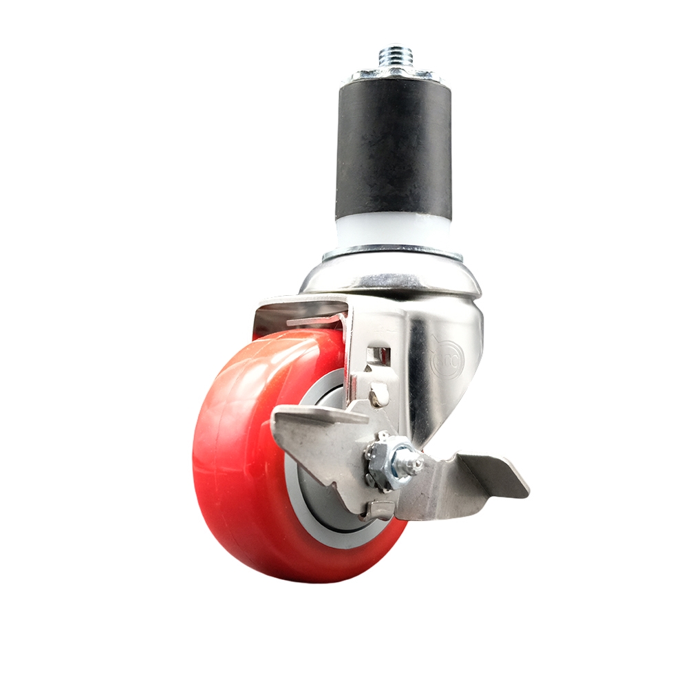 Polyurethane Swivel Stem Caster with 3.5 Inch Red Caster Wheel and Top Lock Brake - 1-7/8" Expanding Stem - 316 Stainless Steel Caster - 300 lbs. Capacity Per Caster - Service Caster Brand — photo 1