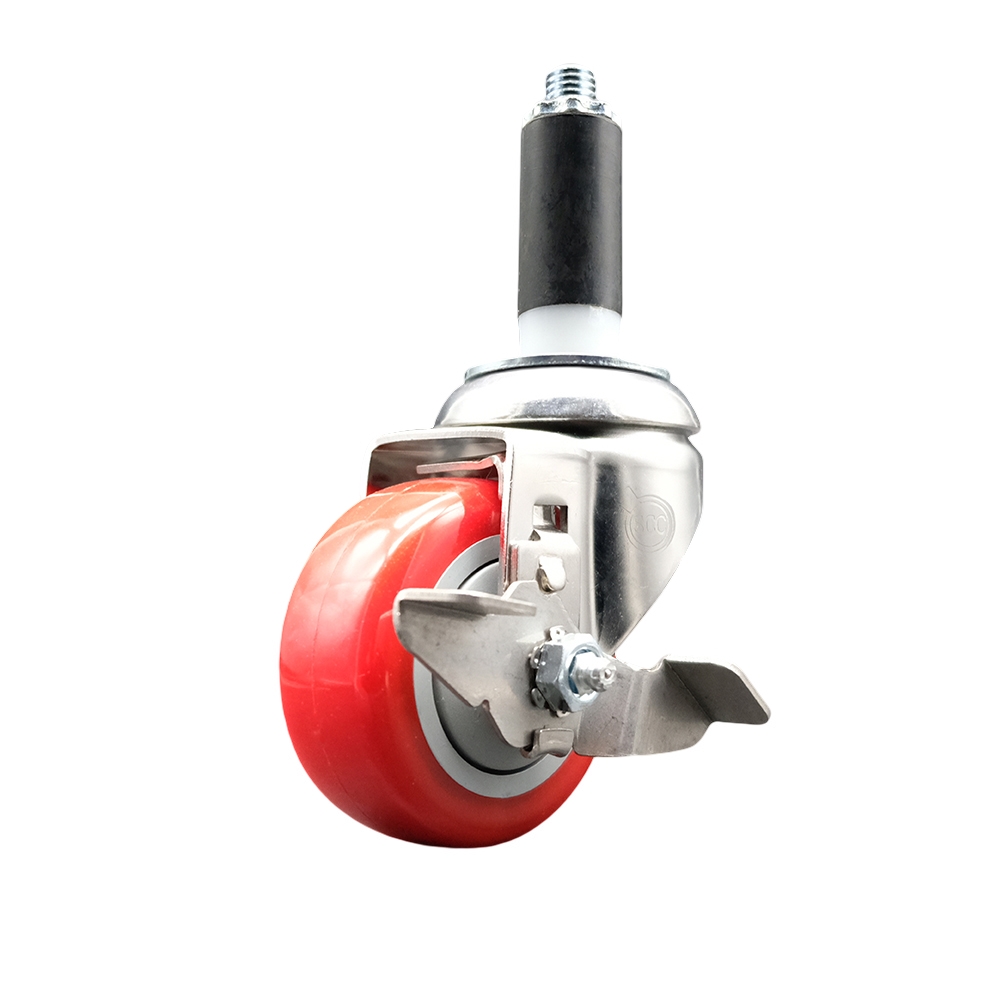 Polyurethane Swivel Stem Caster with 3 Inch Red Caster Wheel and Top Lock Brake - 1" Expanding Stem - 316 Stainless Steel Caster - 300 lbs. Capacity Per Caster - Service Caster Brand — photo 1