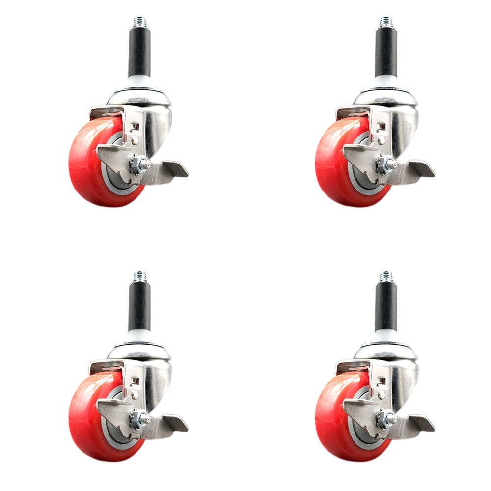 Polyurethane Swivel Stem Caster Set of 4 with 3.5 Inch Red Caster Wheels - 3/4" Expanding Stems - 316 Stainless Steel Casters - Includes 4 Swivel Casters with Top Lock Brakes - Service Caster Brand — photo 1
