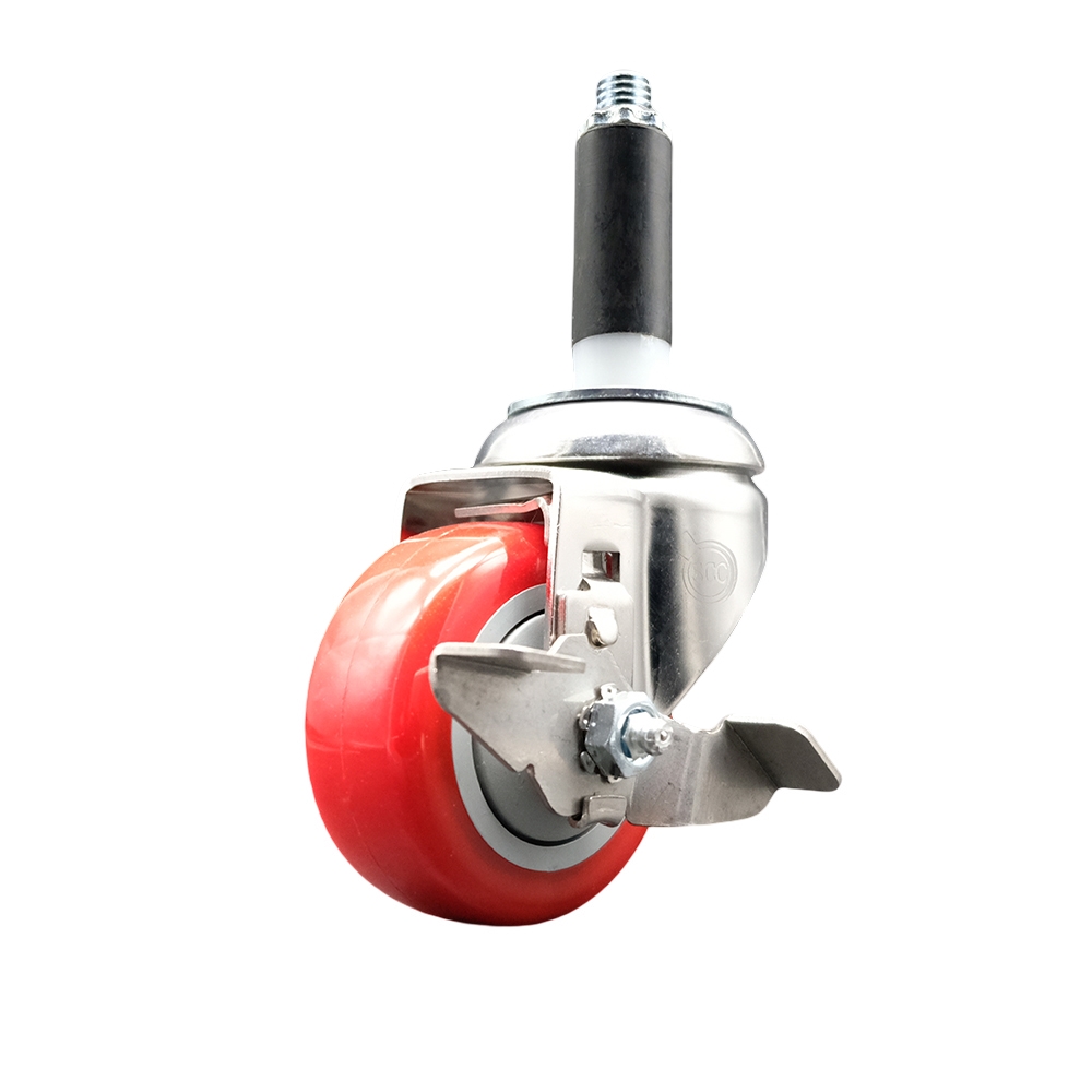Polyurethane Swivel Stem Caster with 3 Inch Red Caster Wheel and Top Lock Brake - 3/4" Expanding Stem - 316 Stainless Steel Caster - 300 lbs. Capacity Per Caster - Service Caster Brand — photo 1