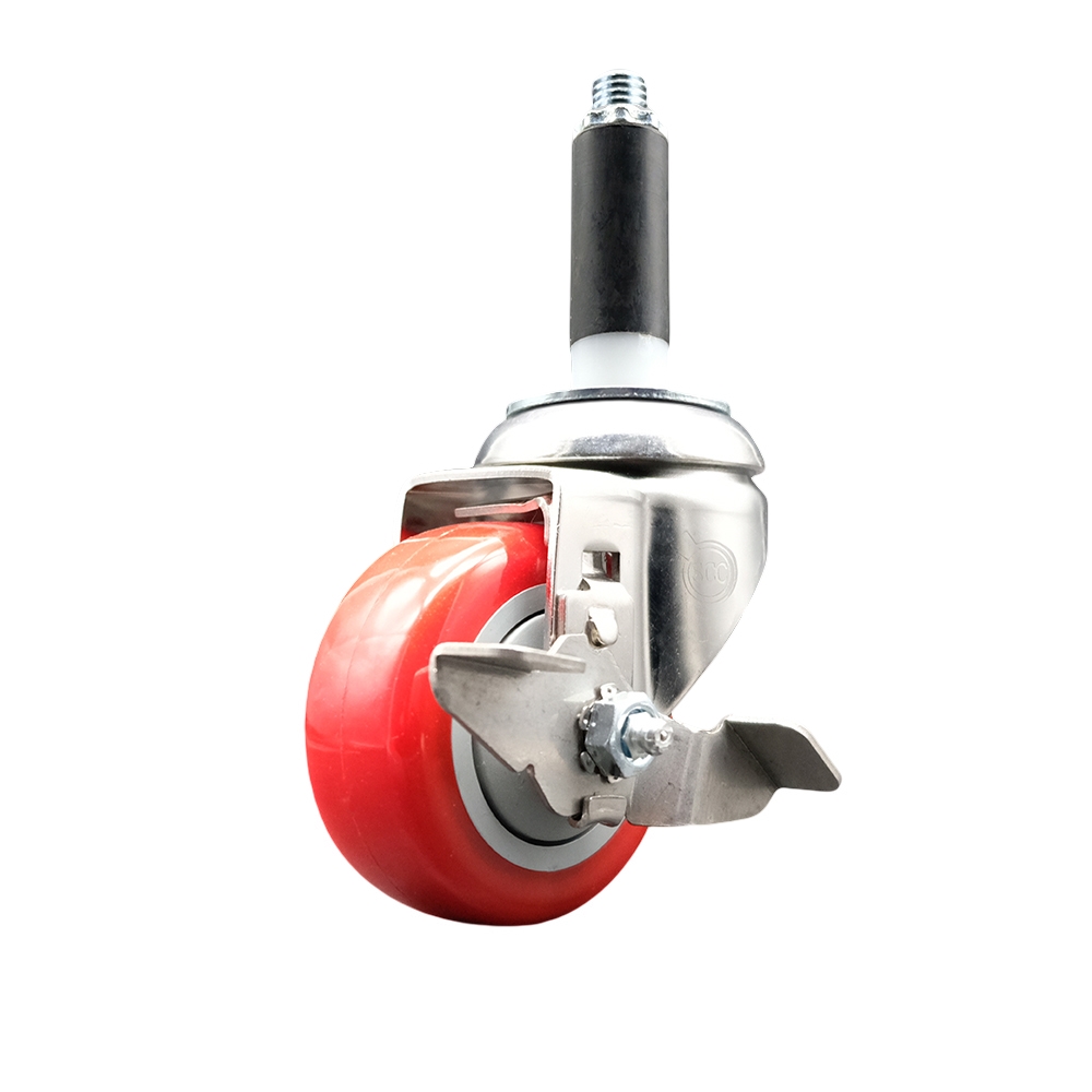 Polyurethane Swivel Stem Caster with 3.5 Inch Red Caster Wheel and Top Lock Brake - 7/8" Expanding Stem - 316 Stainless Steel Caster - 300 lbs. Capacity Per Caster - Service Caster Brand — photo 1