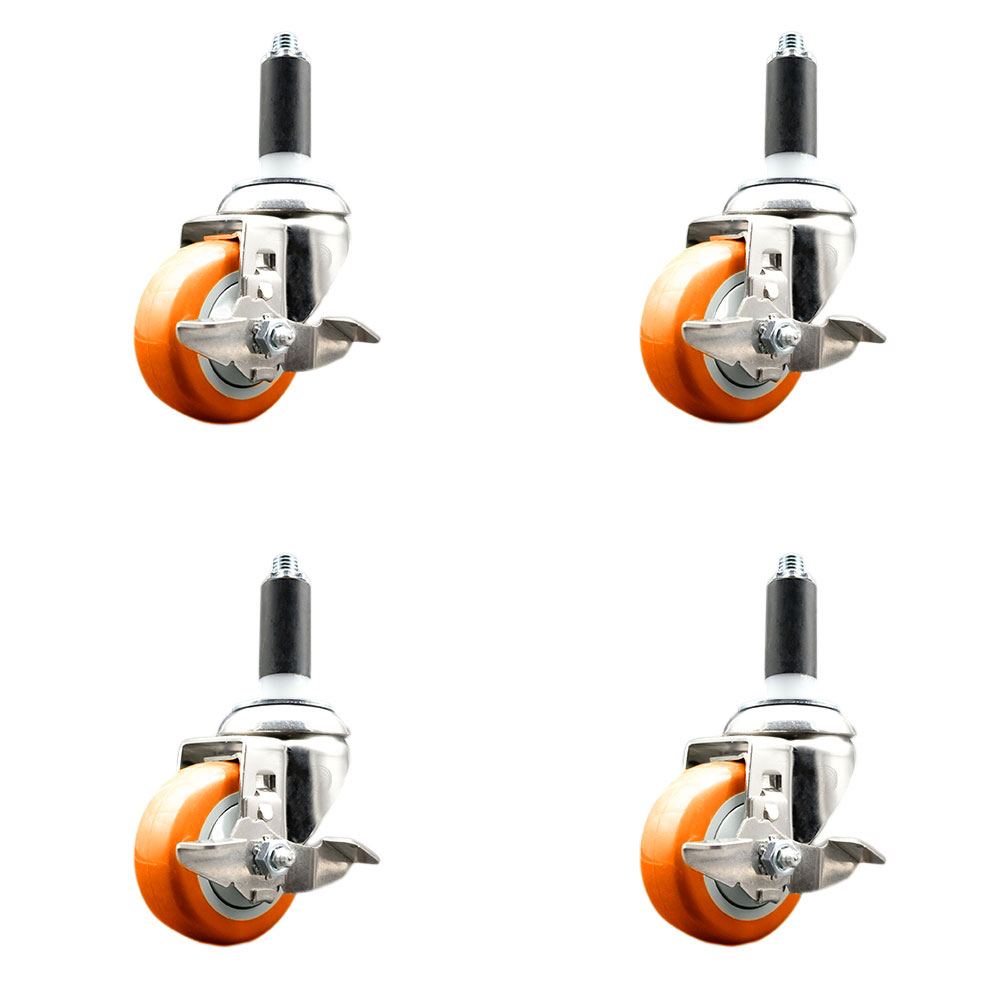 Polyurethane Swivel Stem Caster Set of 4 with 3.5 Inch Orange Caster Wheels - 1" Expanding Stems - 316 Stainless Steel Casters - Includes 4 Swivel Casters with Top Lock Brakes - Service Caster Brand — photo 1