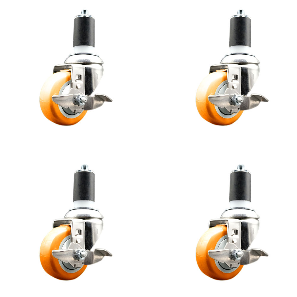 Polyurethane Swivel Stem Caster Set of 4 with 3.5 Inch Orange Caster Wheels - 1-1/2" Expanding Stems - 316 Stainless Steel Casters - Includes 4 Swivel Casters with Top Lock Brakes-Service Caster Brand — photo 1