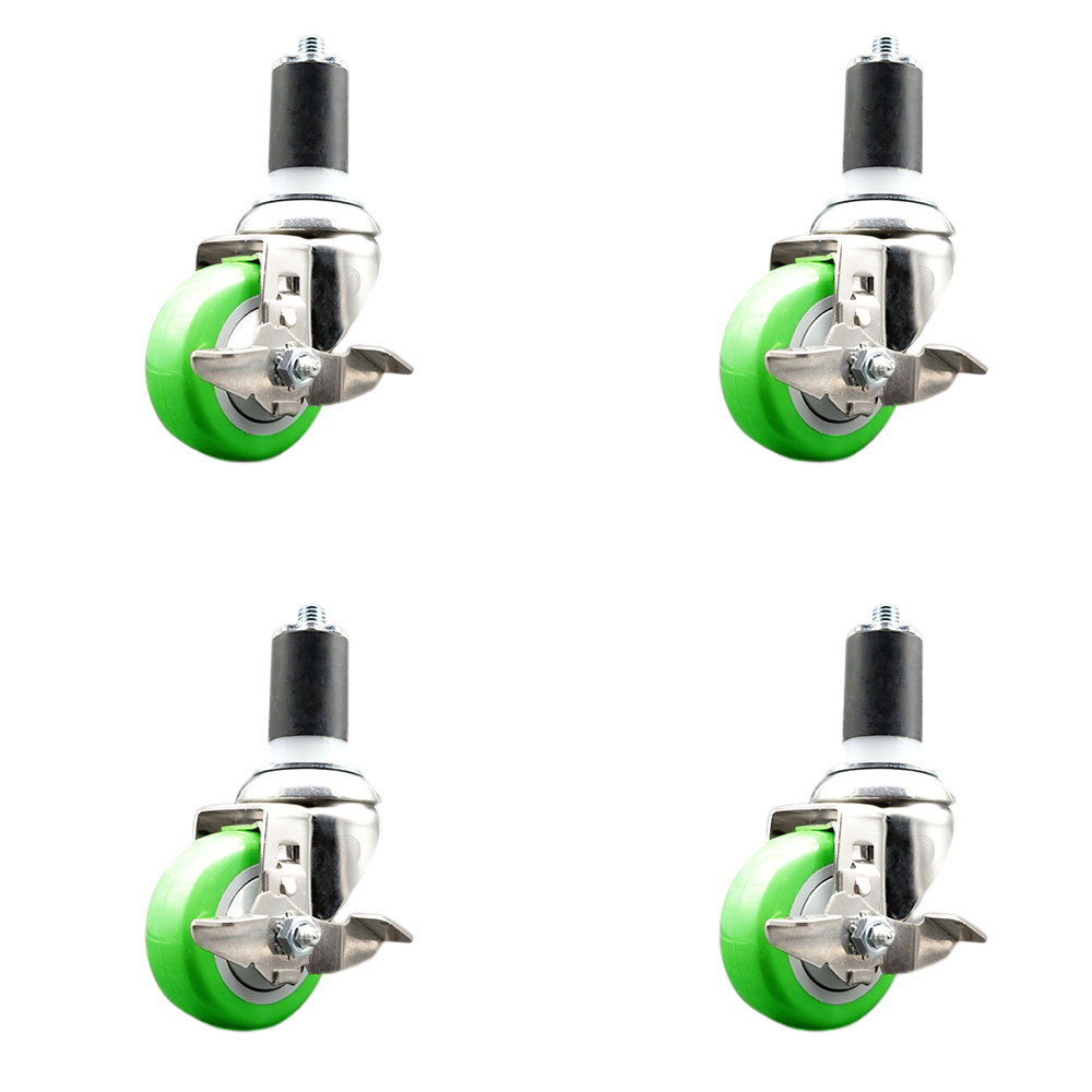 Polyurethane Swivel Stem Caster Set of 4 with 3.5 Inch Green Caster Wheels - 1-1/2" Expanding Stems - 316 Stainless Steel Casters - Includes 4 Swivel Casters with Top Lock Brakes- Service Caster Brand — photo 1