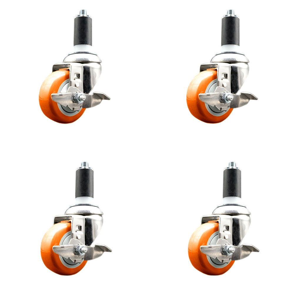 Polyurethane Swivel Stem Caster Set of 4 with 3.5 Inch Orange Caster Wheels - 1-1/4" Expanding Stems - 316 Stainless Steel Casters - Includes 4 Swivel Casters with Top Lock Brakes-Service Caster Brand — photo 1