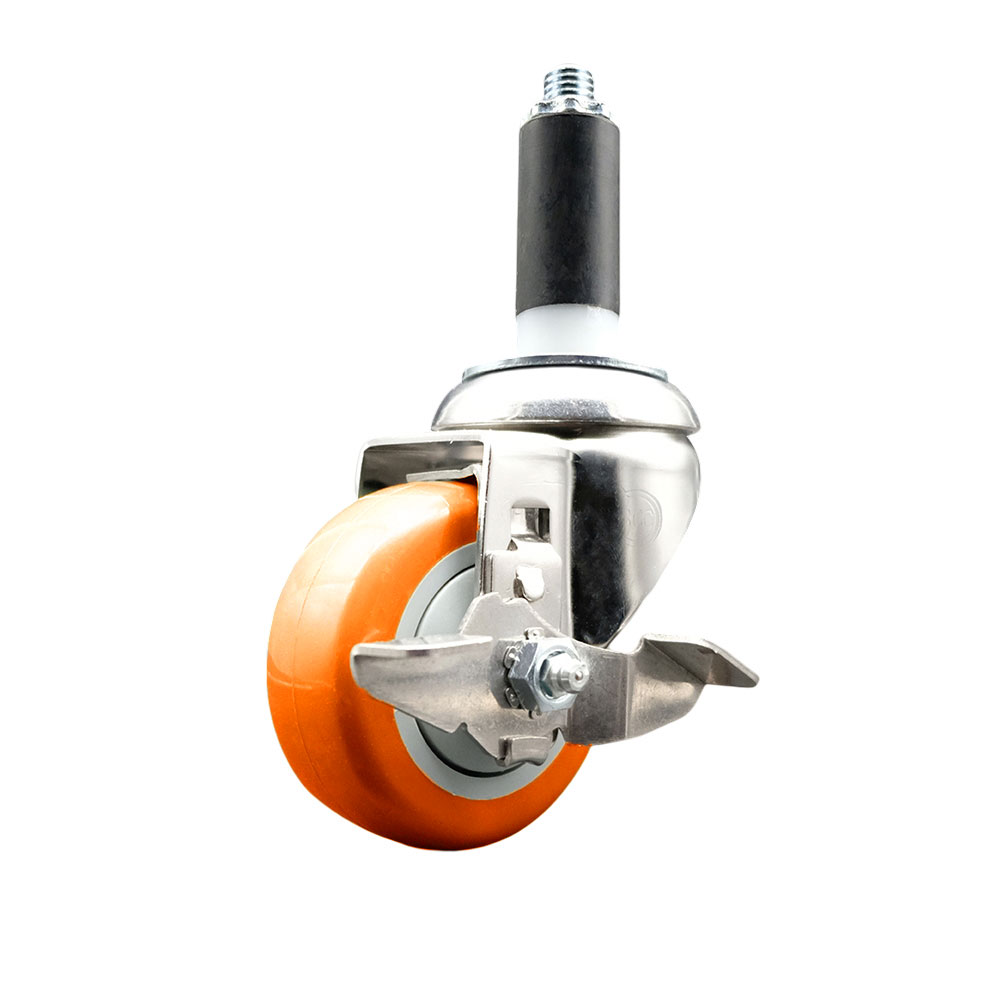 Polyurethane Swivel Stem Caster with 3.5 Inch Orange Caster Wheel and Top Lock Brake - 1-1/8" Expanding Stem - 316 Stainless Steel Caster - 300 lbs. Capacity Per Caster - Service Caster Brand — photo 1