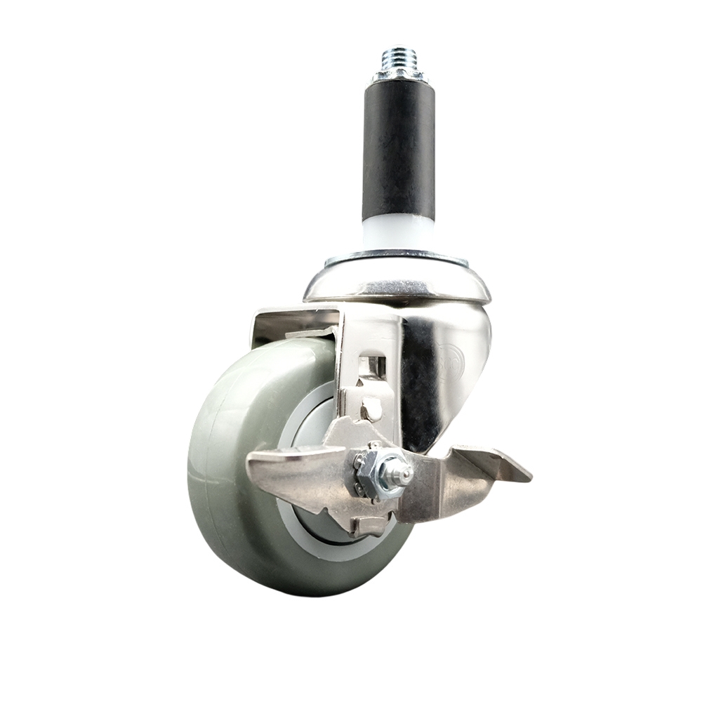 Polyurethane Swivel Stem Caster with 3.5 Inch Gray Caster Wheel and Top Lock Brake - 1-1/8" Expanding Stem - 316 Stainless Steel Caster - 300 lbs. Capacity Per Caster - Service Caster Brand — photo 1