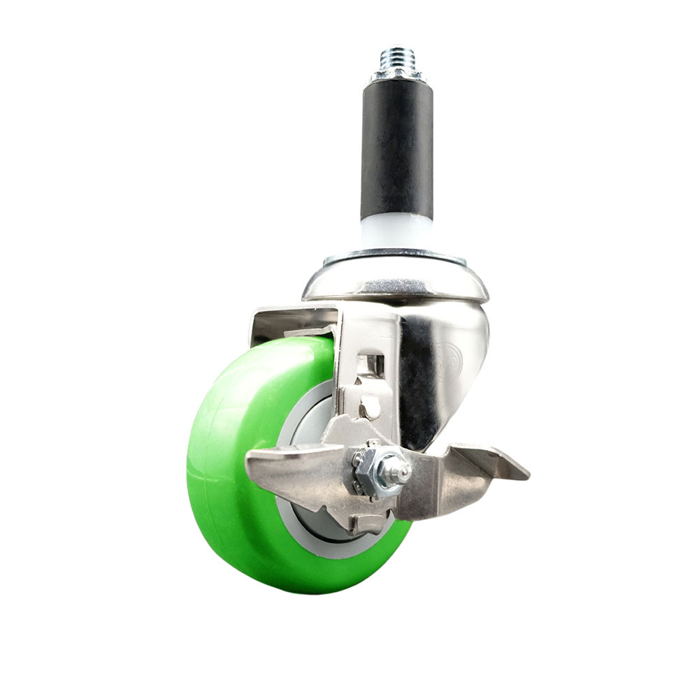 Polyurethane Swivel Stem Caster with 3.5 Inch Green Caster Wheel and Top Lock Brake - 1-1/8" Expanding Stem - 316 Stainless Steel Caster - 300 lbs. Capacity Per Caster - Service Caster Brand — photo 1